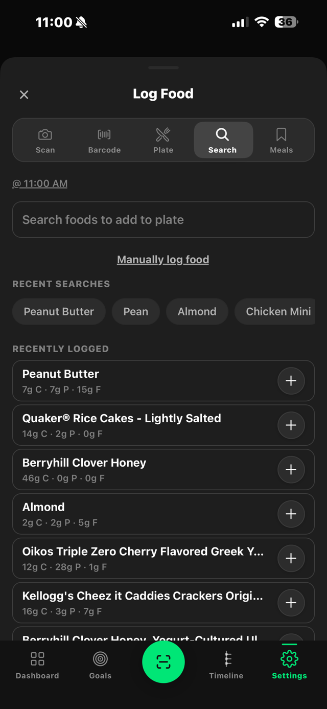 Athlete food logging screen showing barcode scan, plate photo, and search options with recently logged foods