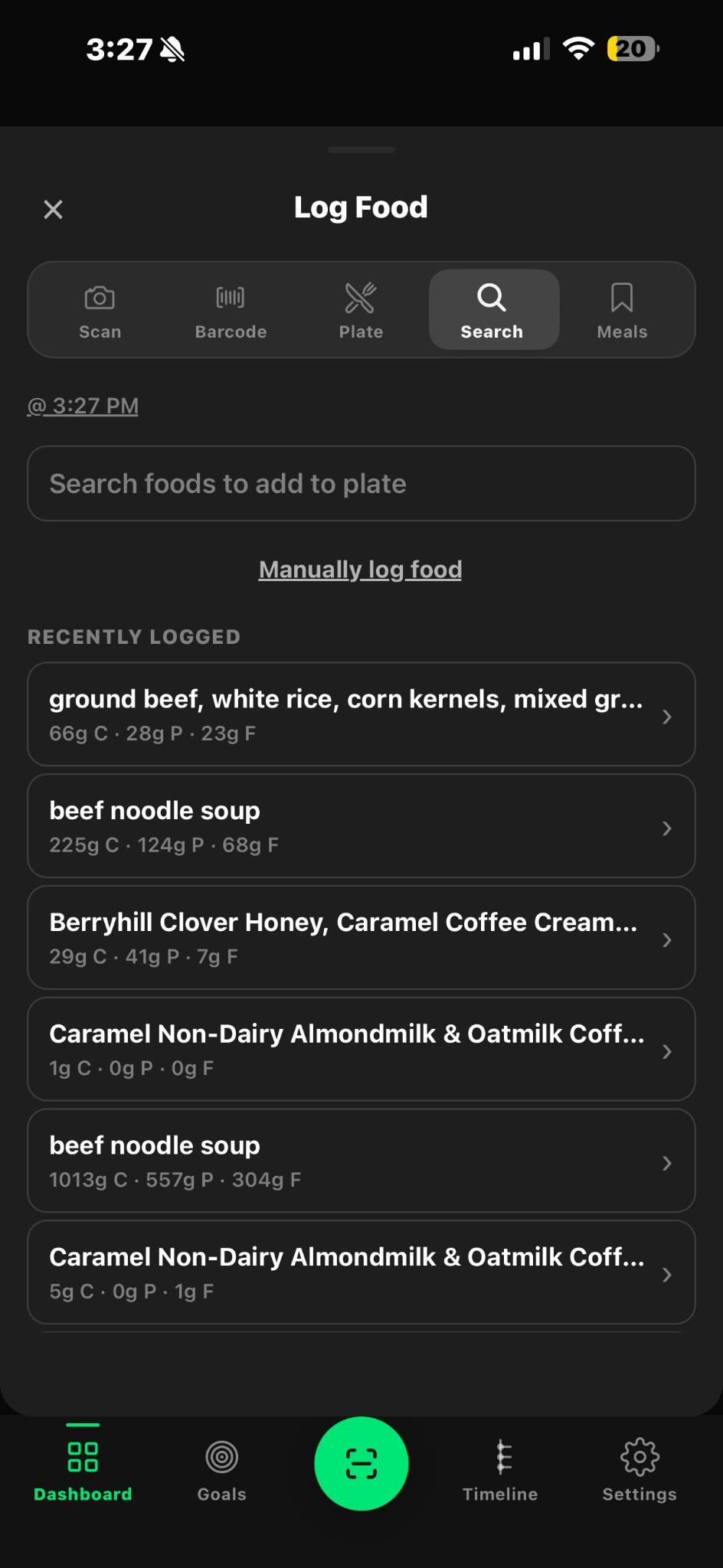The Log Food screen, with buttons along the top for Scan, Barcode, Plate, Search, and Meals, and a list of recently logged foods below.