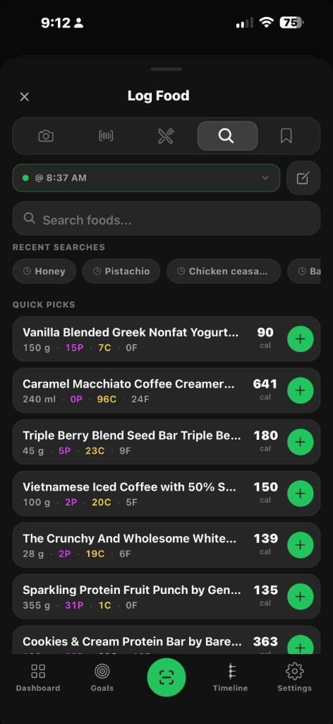 Athlete Log Food search — quick picks and recent searches