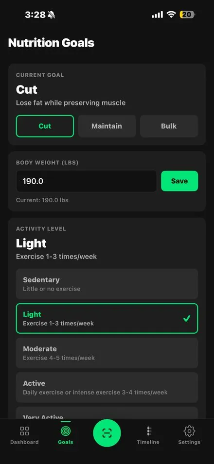 Cut nutrition goal in the Vertical athlete app